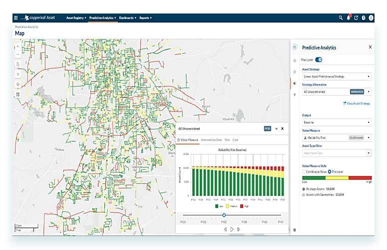 Screen shot of Copperleaf Asset; map-based GIS visualization in Copperleaf Predictive Analytics